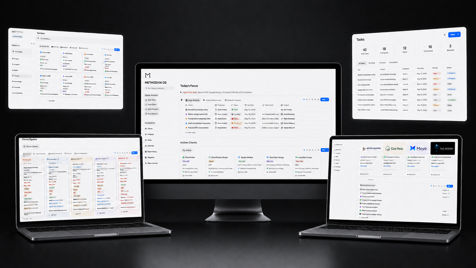 Methodvia OS product mockup showing dashboard on desktop and laptop screens