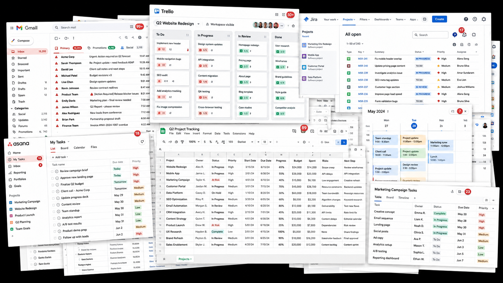 Scattered tools — Gmail, Trello, Jira, Asana, Sheets and Calendar windows piled on top of each other
