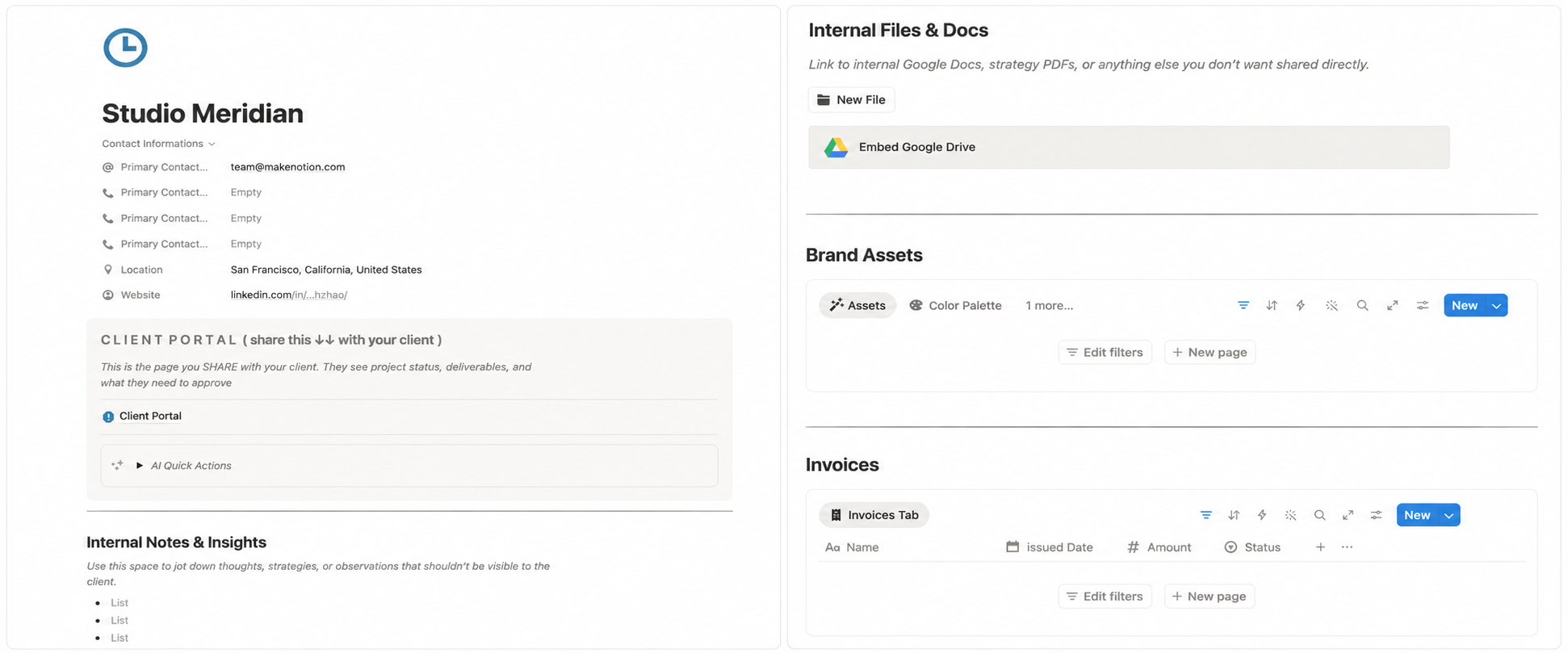 Templated client page preview showing Studio Meridian workspace