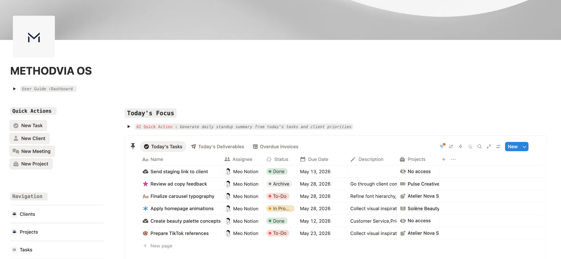 Methodvia OS Today's Focus dashboard showing tasks, deliverables and overdue invoices